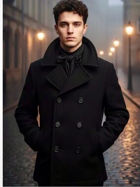 🍂Fall🍂 into the MERONA Mens Wool blend, Black Double-Breasted Pea Coat.